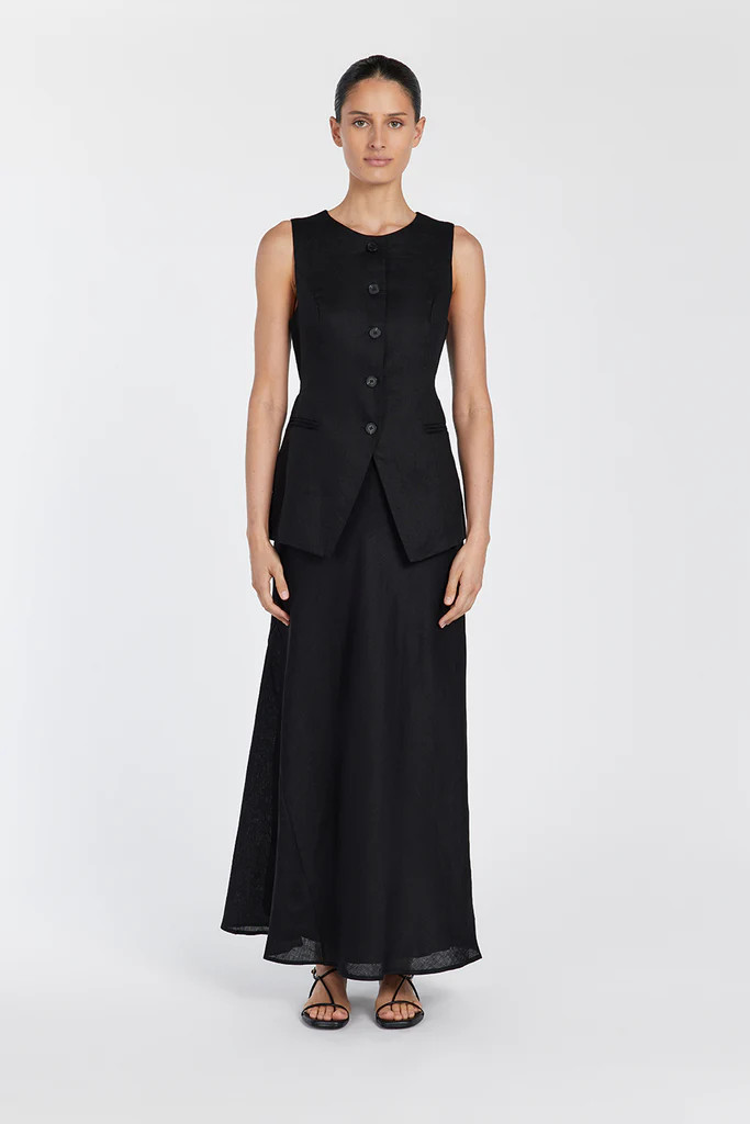 SYRAH BLACK LINEN MIDI SKIRT | DISSH