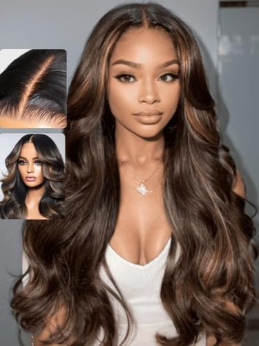 UNICE 20 inch Pre Everything Glueless Wigs Human Hair Pre Plucked Pre Cut Espresso Brown Highlight Loose Body Wave 13x4 HD Lace Front Human Hair Wig Bleached Knots Natural Hairline 150% Density | Amazon (US)
