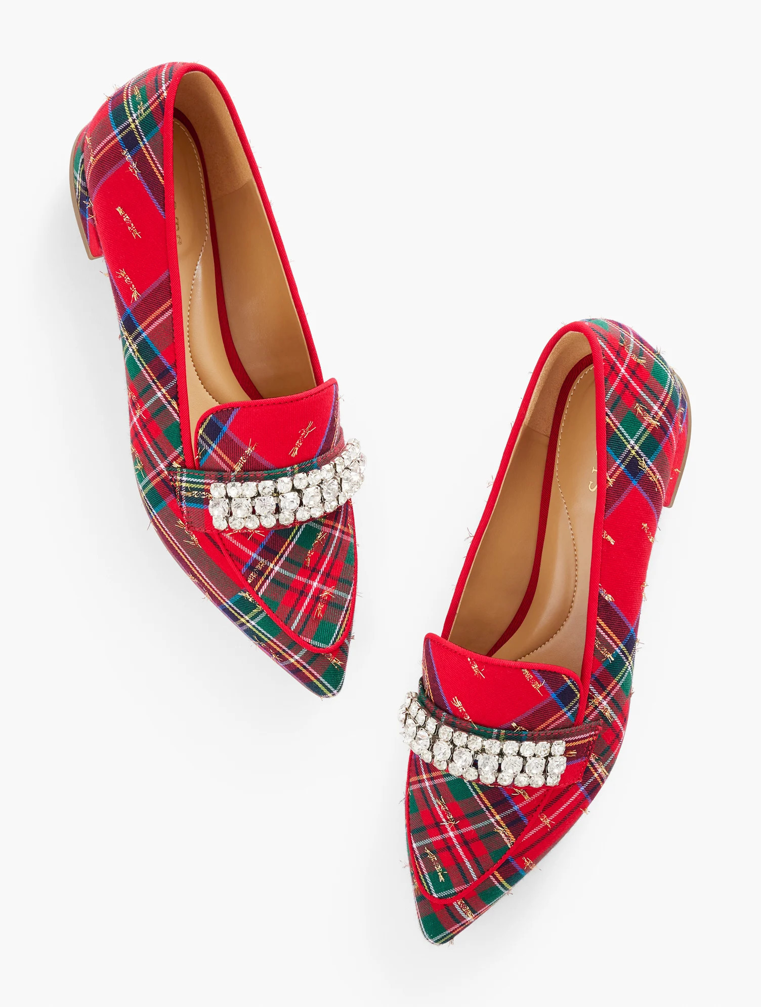 Scarlet Rhinestone Pointed Toe Loafers - Solstice Plaid - Red - 5M - 100% Cotton Talbots | Talbots