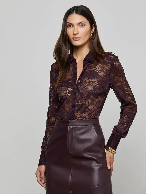 Maia Floral Lace Blouse in Dark Malbec | L'AGENCE | L'Agence