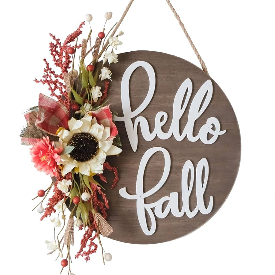 14" Hello Fall Wreath, Welcome Hanging Sign Front Door Decor with Sunflowers Berries, Plaid Burla... | Amazon (US)