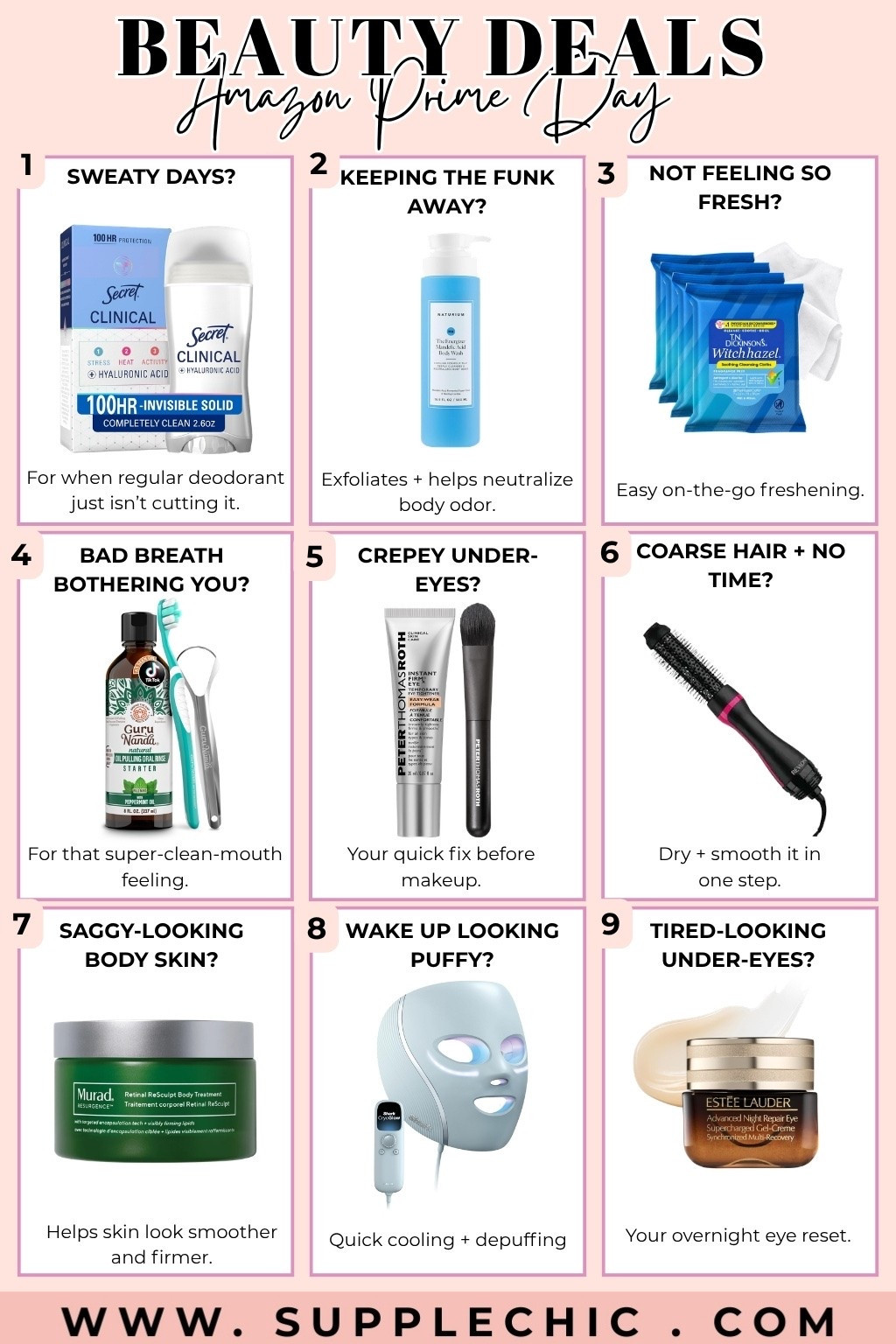 If your beauty wishlist is getting longer, start with products that solve an actual problem. These Amazon Prime Day beauty finds cover everything from body care and skincare to hair tools, oral care, deodorant, and eye treatments. Amazon beauty finds •  beauty problem solvers • skincare essentials • body care essentials • haircare products • puffy eye products • under eye cream • body retinol • clinical deodorant • body wash for body odor • red light therapy mask • hair styling brush • self care essentials @amazonfindsandfashion