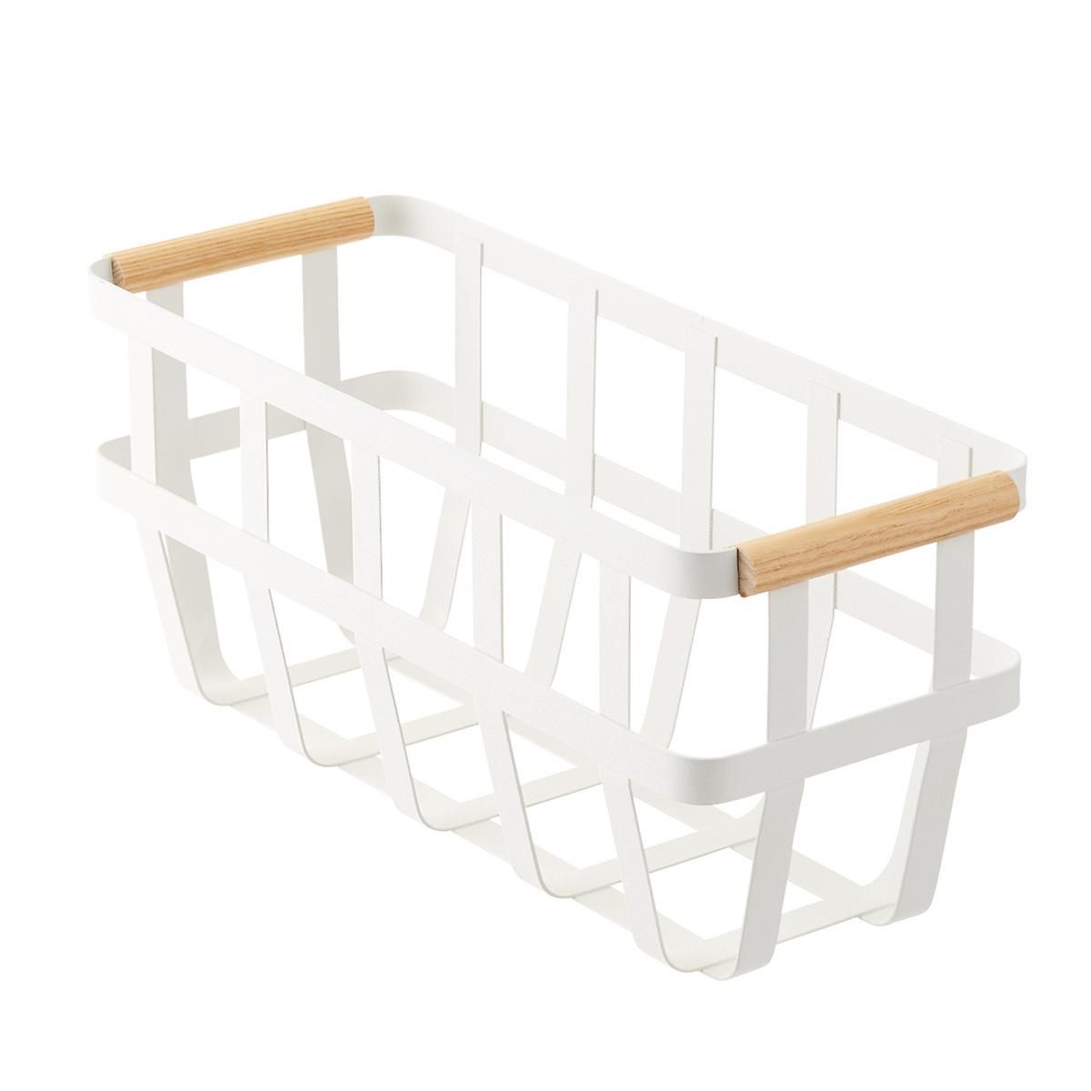 Yamazaki Slim Tosca Basket W/ Wooden Handles White/Natural | The Container Store