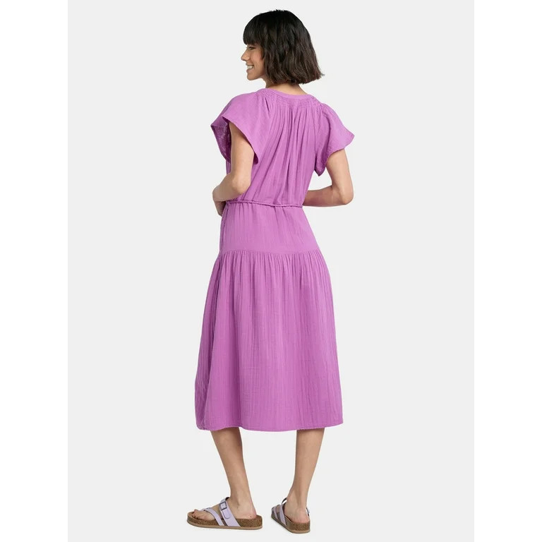 Time and Tru Women's Double Cloth Cotton Midi Dress, Sizes XS-XXXL | Walmart (US)