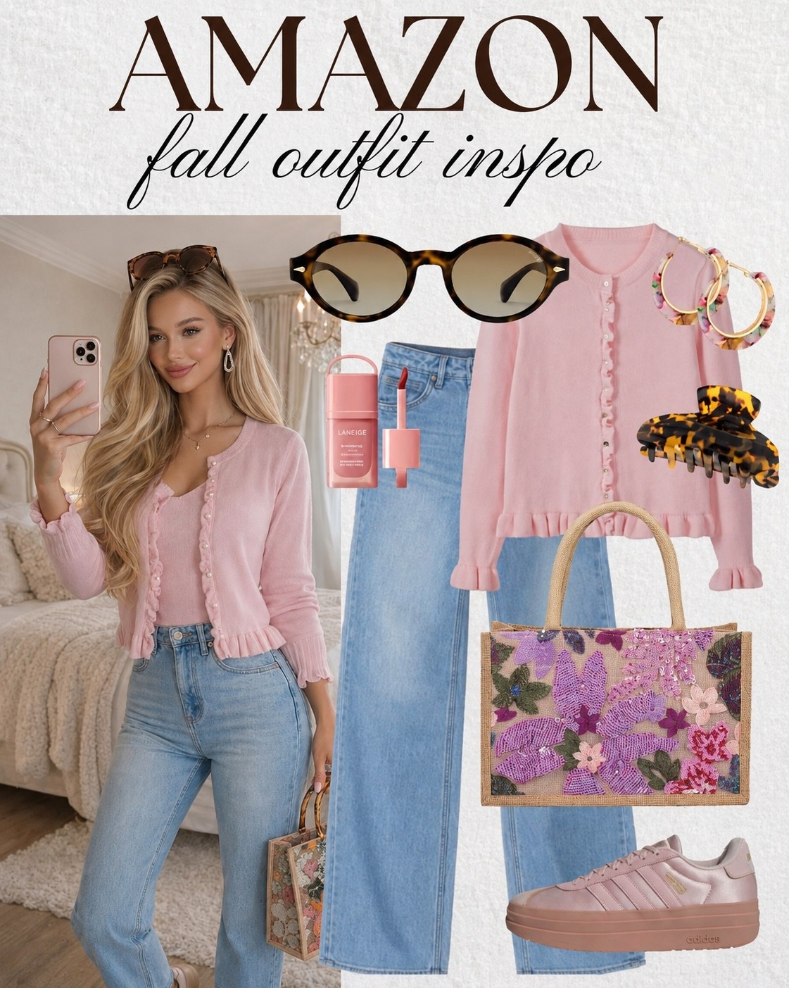 Amazon Fall Outfit Inspo | Pink Cardigan & Wide Leg Jeans

Cute Amazon fall outfit inspiration with soft feminine style! This look pairs a pretty pink ruffle cardigan with light-wash wide leg jeans, pink sneakers, tortoiseshell sunglasses, statement earrings and a floral tote. An easy early fall outfit for casual days, brunch, shopping, school drop-off or everyday wear. Save this Amazon fashion find for your fall wardrobe inspiration!

#AmazonFashion #AmazonFinds #FallOutfit #FallOutfitInspo #FallFashion #AmazonOutfits #EarlyFallOutfit #CasualFallStyle #PinkCardigan #WideLegJeans #FallWardrobe #FeminineStyle #CuteOutfits #EverydayStyle #AmazonStyle #FallLooks #OutfitIdeas #WomensFashion #CasualOutfit #FallInspo