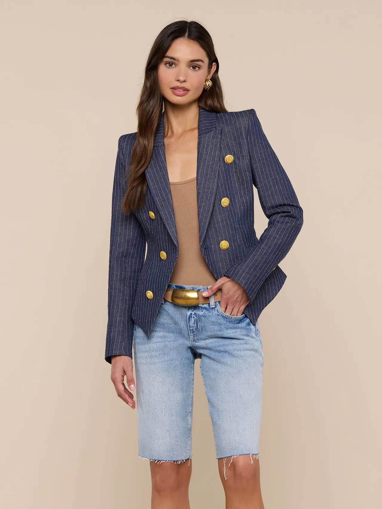 Solar Pinstriped Blazer in Dark Blue/Nutmeg Pinstripe | L'AGENCE | L'Agence