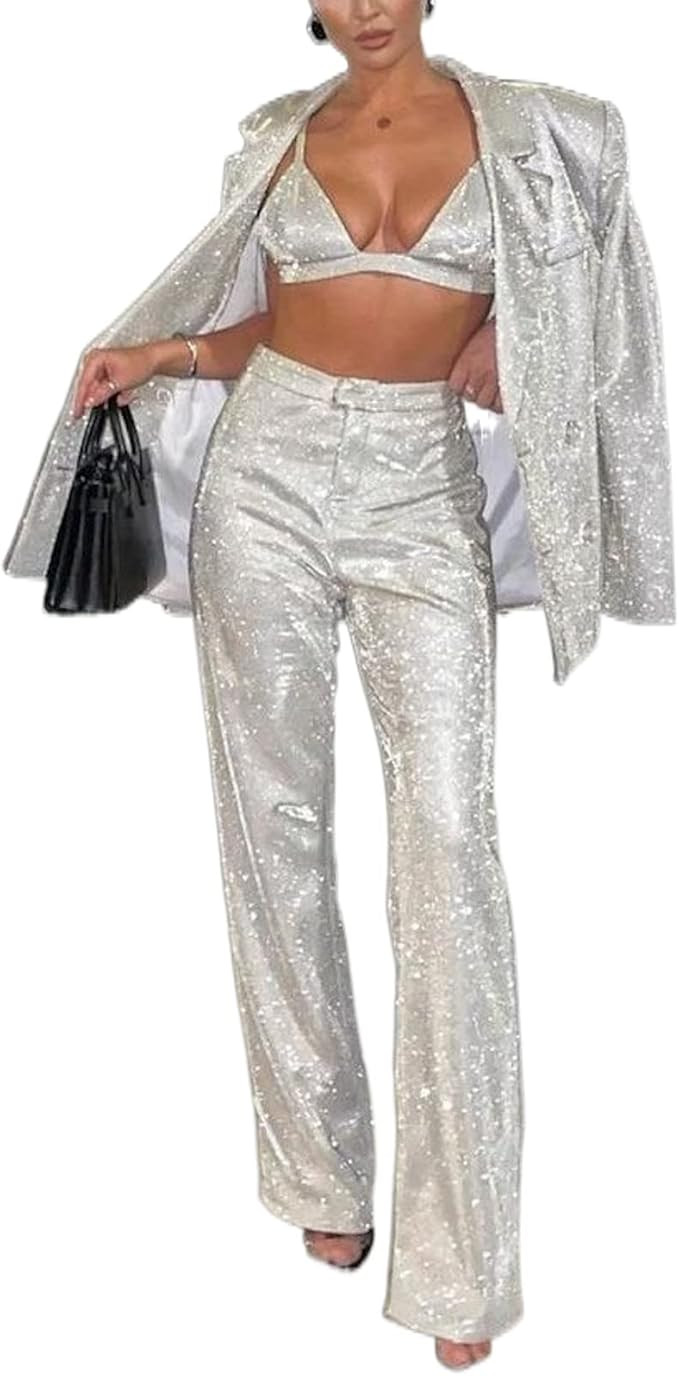 Women Sparkle Outfits Sequin Long Sleeve Blouse Shirt Top Glitter Long Loose Pants Bling Party Cl... | Amazon (US)