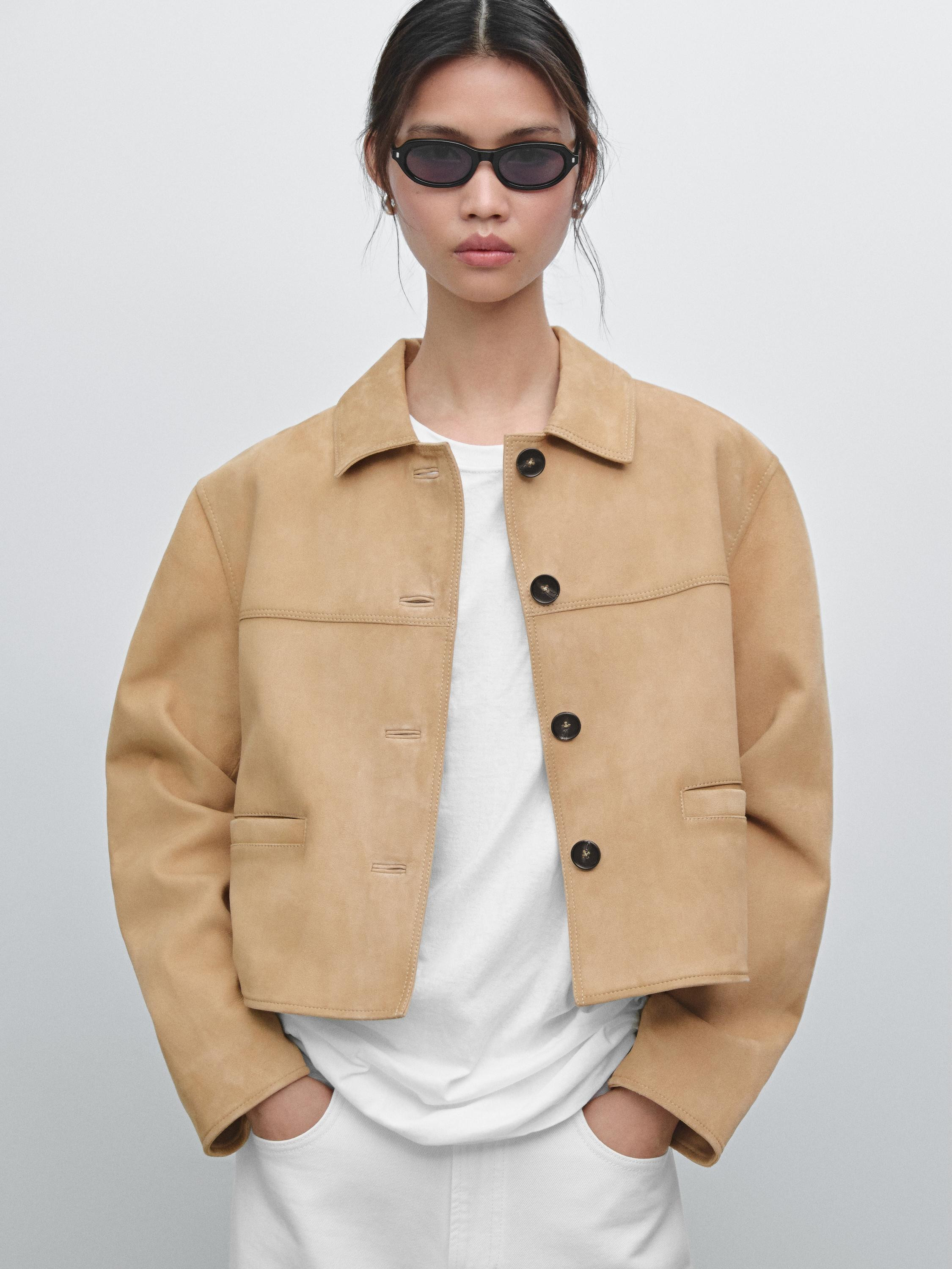 Short suede leather jacket with topstitching | Massimo Dutti US