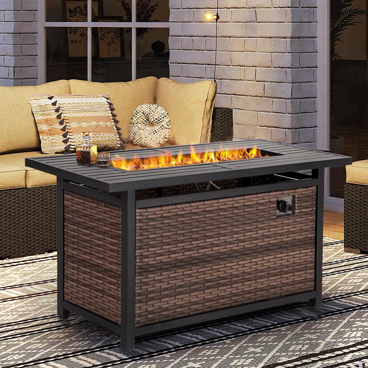 Salem 56" Outdoor Rectangular Rattan Propane Gas Fire Pit Table for Outside Patio | Wayfair North America