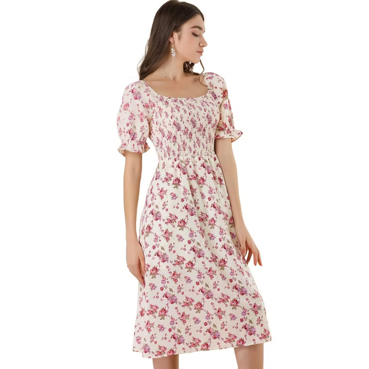 Allegra K Women's Square Neck Puff Sleeves Casual Midi Smocked Floral Dress | Target