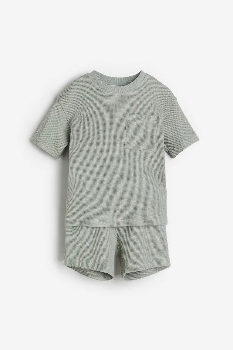 2-piece Waffled Jersey Set - Light khaki green - Kids | H&M US | H&M (US + CA)