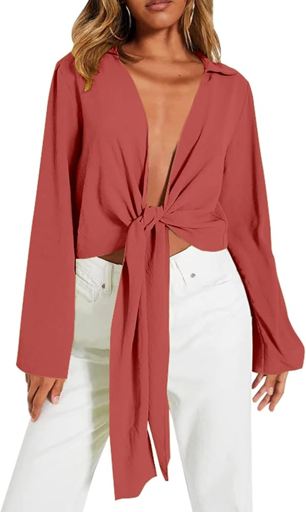 ZAFUL Women's Sexy Deep V Neck Tie Front Knot Wrap Crop Tops Casual Long Sleeve Blouses Shirts | Amazon (US)