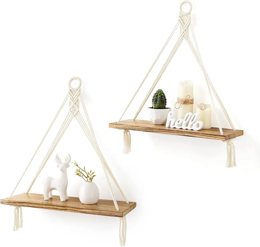 Mkono Macrame Hanging Shelves Boho Wall Decor Set of 2 Rustic Wood Floating Storage Shelf for Bed... | Amazon (US)
