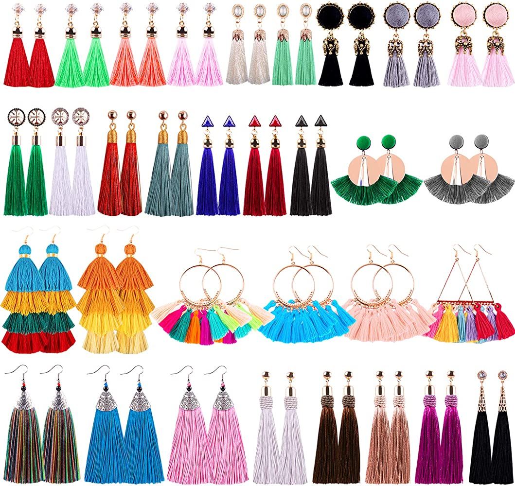 Duufin 32 Pairs Tassel Earrings Colorful Bohemian Tassel Earring Long Layered Dangle Earrings Tas... | Amazon (US)