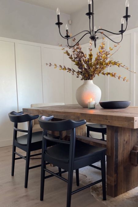 Simple fall decor, fall dining room, black dining chairs, wood dining table, rustic dining table 

#LTKhome #LTKSeasonal