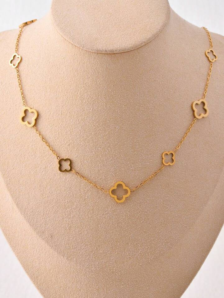 A Fashionable Titanium Steel 18k Gold Nine Hollow Lucky Four-Leaf Clover Necklace Suitable For Da... | SHEIN