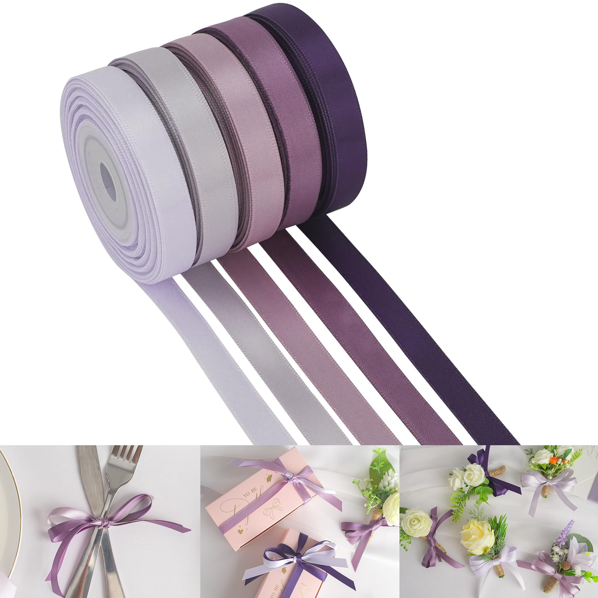 HUIHUANG Satin Ribbon 3/8 inch x 5 Rolls, Lilac, Dusty Purple, Lavender, Amethyst and Purple for ... | Amazon (US)