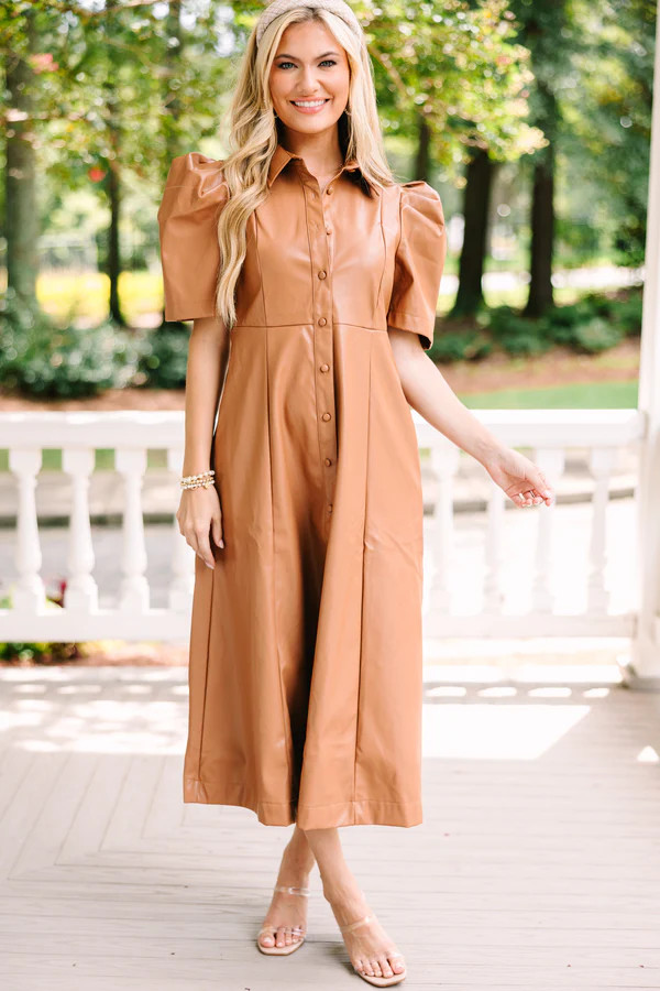 Take It As It Is Camel Brown Faux Leather Midi Dress | The Mint Julep Boutique