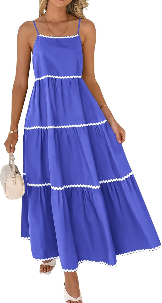 BTFBM Boho Summer Dresses 2024 Vacation Spaghetti Strap Backless Ric Rac Trim Tiered A-Line Long ... | Amazon (US)