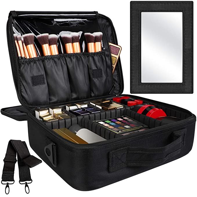Kootek Travel Makeup Bag Double-Layer Portable Train Cosmetic Case Organizer with Mirror Shoulder... | Amazon (US)