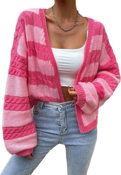 SHENHE Women's Striped Open Front Color Block Loose Cardigan Sweater Knit Outerwear | Amazon (US)