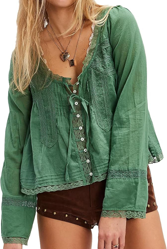 Women Tie Front Long Sleeve Top Lace Trim Button Shirt Square Neck Loose Blouse Going Out Y2k Coq... | Amazon (US)