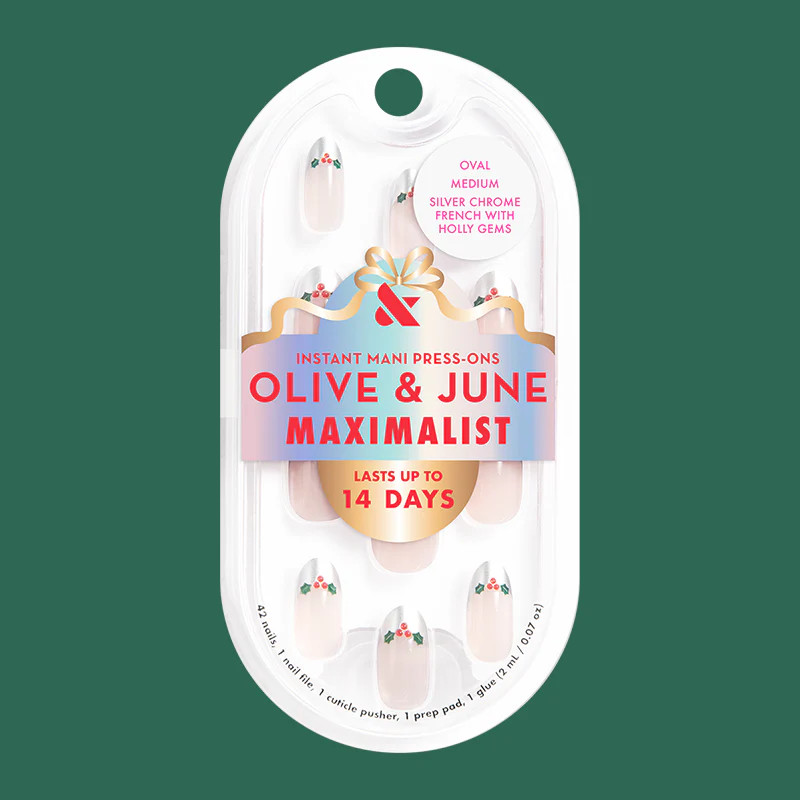 Silver Chrome French with Holly Gems - Press-On | Medium | Oval | Olive & June