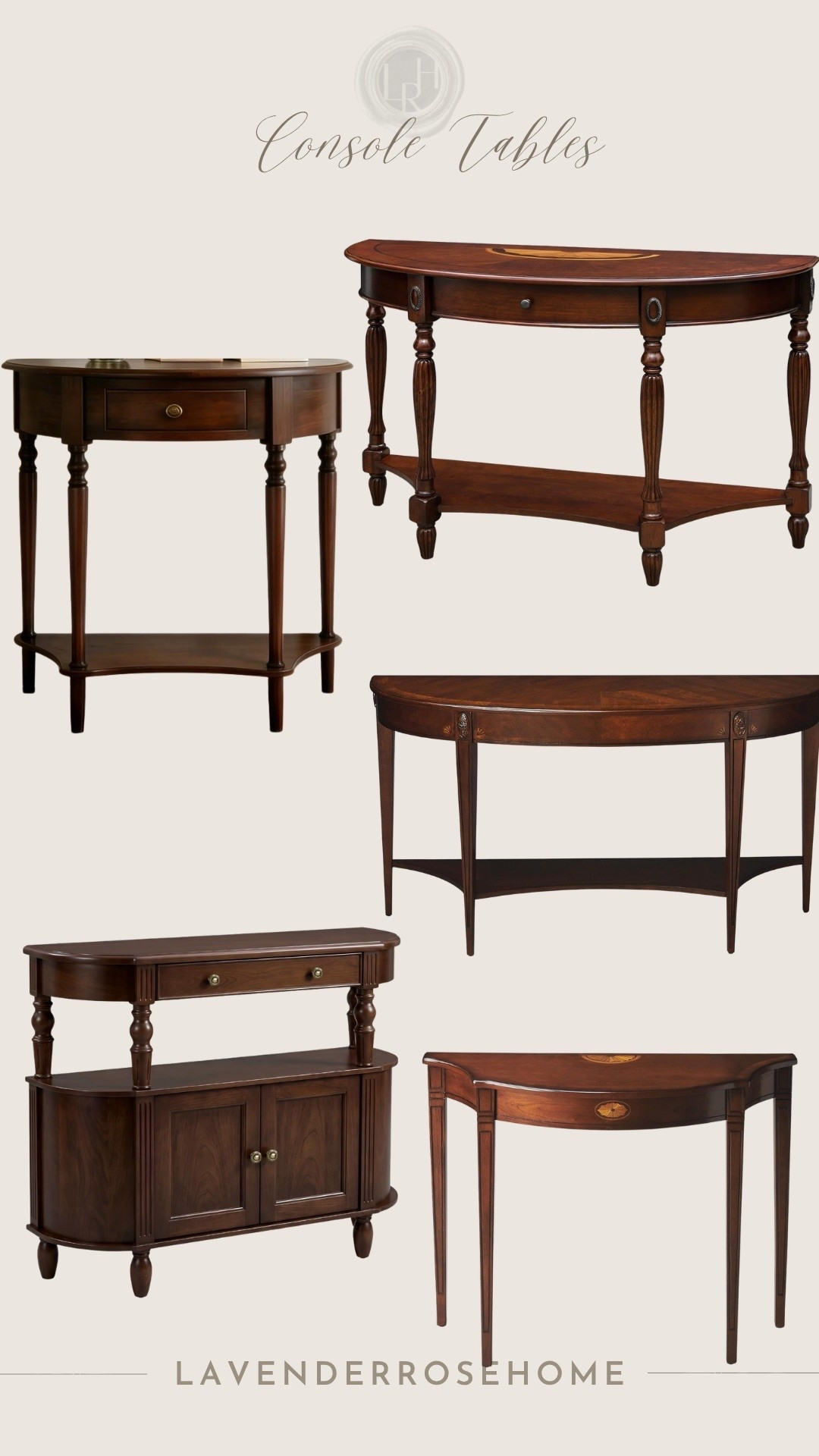 Console tables that blend seamlessly into any decor. 
Demilune. Half Moon. Console Table with Shelf. Classic Home. Hallway. Entryway. Living Area. LavenderRoseHome.

#LTKHome