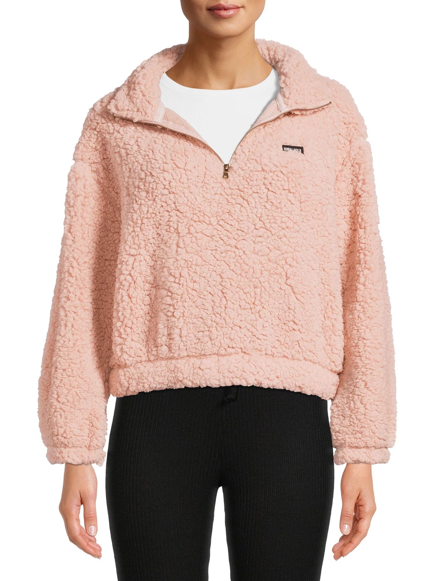Kendall + Kylie Juniors' Faux Sherpa Quarter-Zip Crop Sweatshirt - Walmart.com | Walmart (US)