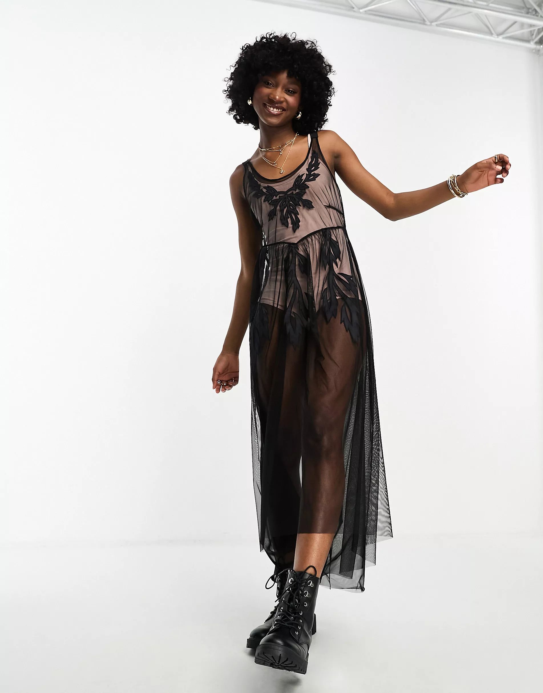 Miss Selfridge festival sheer mesh embroidered midi dress in black | ASOS | ASOS (Global)