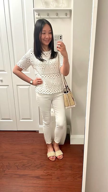 Crochet Top - XXS true to size. Needs a cami.
Jeans - similar linked
Pearl Raffia Slide Sandals - size 8 fits like my usual size 7

Purse is Coach Outlet and linked for reference but sold out.

For size reference I'm 5' 2.5" and currently 115 pounds.

#LTKSeasonal #LTKOver40 #LTKSaleAlert