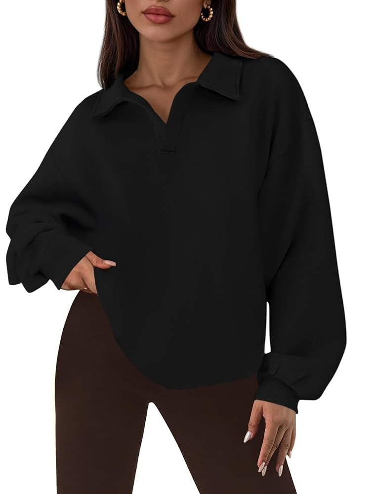 PRETTYGARDEN Oversized Sweatshirt for Women Casual Long Sleeve Polo V Neck Shirts Fleece Loose Fi... | Amazon (US)