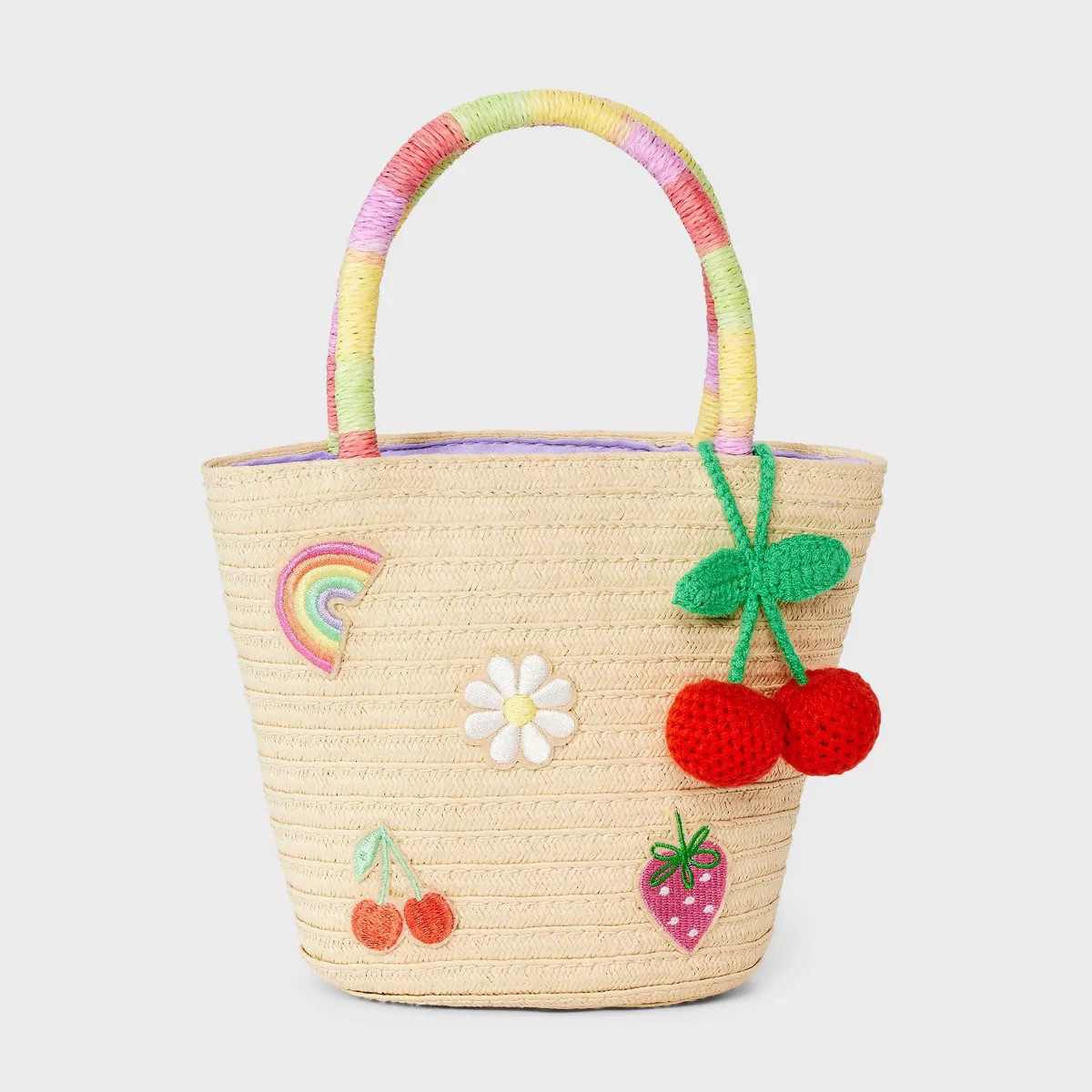 Girls' Paper Straw Tote Handbag - Cat & Jack™ Off-White: Double Handle, Fruit & Rainbow Pattern | Target