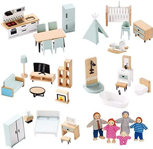 Wooden Dollhouse Furniture Set, 37pcs Furnitures with 5 Family Dolls, Dollhouse Accessories Prete... | Amazon (US)