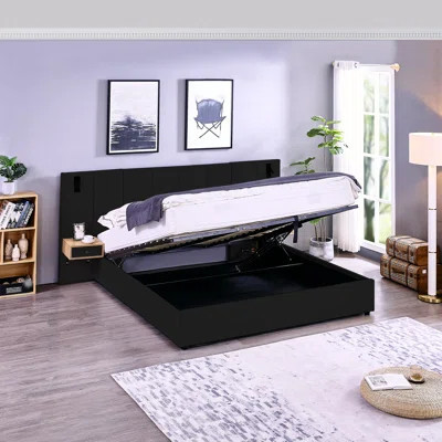 King Size Upholstered Storage Platform Bed with Hydraulic Lift, 2 Shelves, Reading Lamps & USB Port | Wayfair North America