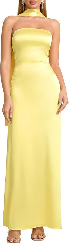 EYNMIN Women's Tube Maxi Dress with Scarf Satin Strapless Elegant Long Formal Wedding Guest Dress... | Amazon (US)