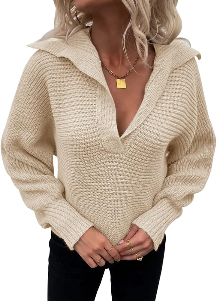 Womens V Neck Batwing Long Sleeve Pullover Sweaters Collared Lightweight Loose Casual Warm Ribbed... | Amazon (US)