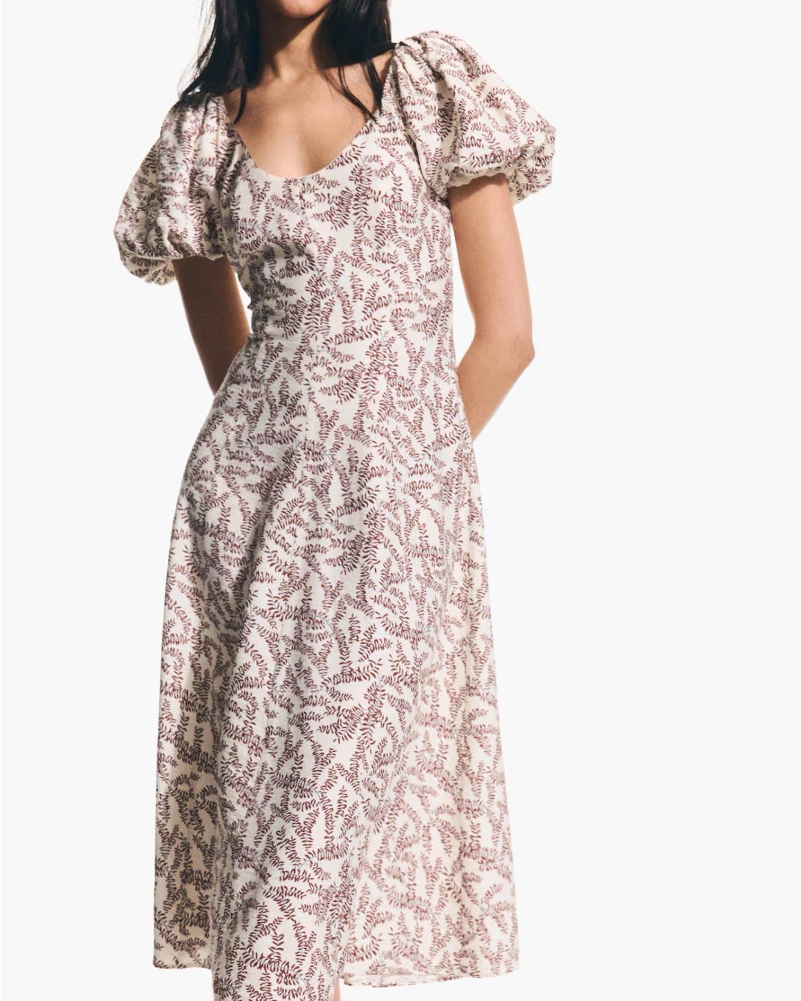 Red and white fern leaf patterned puff sleeve midi dress 

#LTKSeasonal