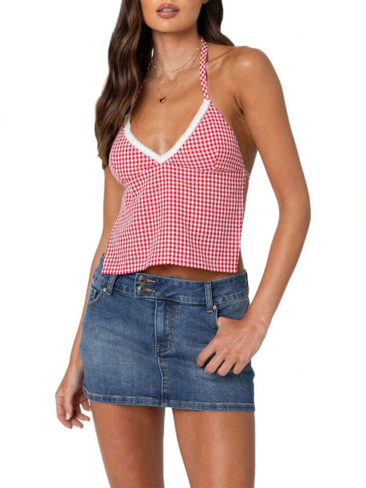 Women Girls Terry Trim V-Neck Halterneck Top Sleeveless Open Back Gingham Tops Strappy Y2K Shirts Streetwear | SHEIN