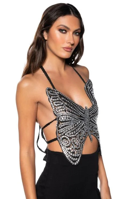SECRET LOVER BUTTERFLY HALTER NECK TOP IN BLACK | AKIRA