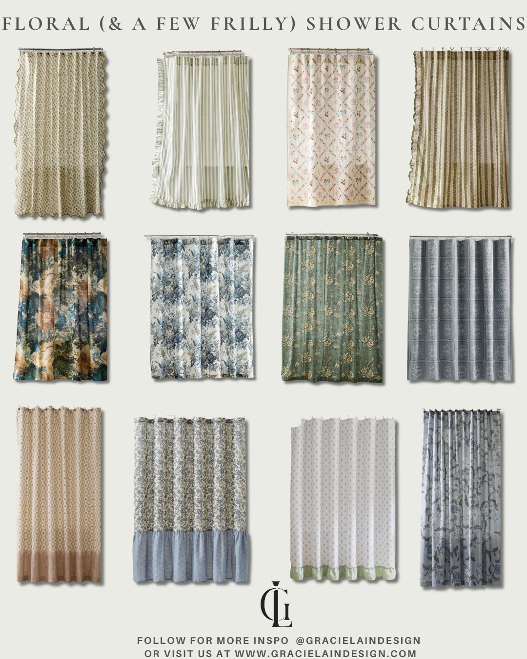 Florals, linens, patterns, and frills. 🌸 From soft neutrals to vibrant brights, and from delicate ditsy prints to bold statement patterns, this shower curtain roundup proves that even the most functional spaces deserve beautiful design.
Whether you're refreshing a secondary space or giving your primary bath a mini makeover, these timeless picks bring elegance, personality, and a collected feel to any space. Because great design lives in the details—and a shower curtain can set the tone for the entire room.
Browse the full roundup and find your favorite at gracielaindesign.com.
#GracielainDesign #BathroomDesign #ShowerCurtainStyle #FloralDecor #InteriorDesign #HomeDecor #BathroomRefresh #TimelessInteriors #CottageStyle #TraditionalHome #ColorfulInteriors #NeutralDecor #DesignInspiration #HouseBeautiful #MyStyledHome #InteriorStyling 

 #LTKHome #LTKSaleAlert