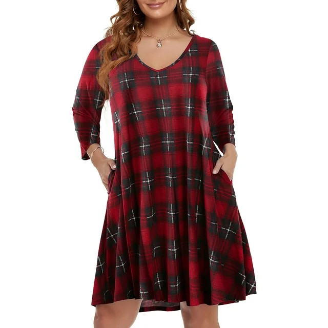 Plus Size Dresses 4X for Women, VEPKUL V Neck T Shirt Dress 3/4 Sleeve Casual Loose Swing Retro P... | Walmart (US)