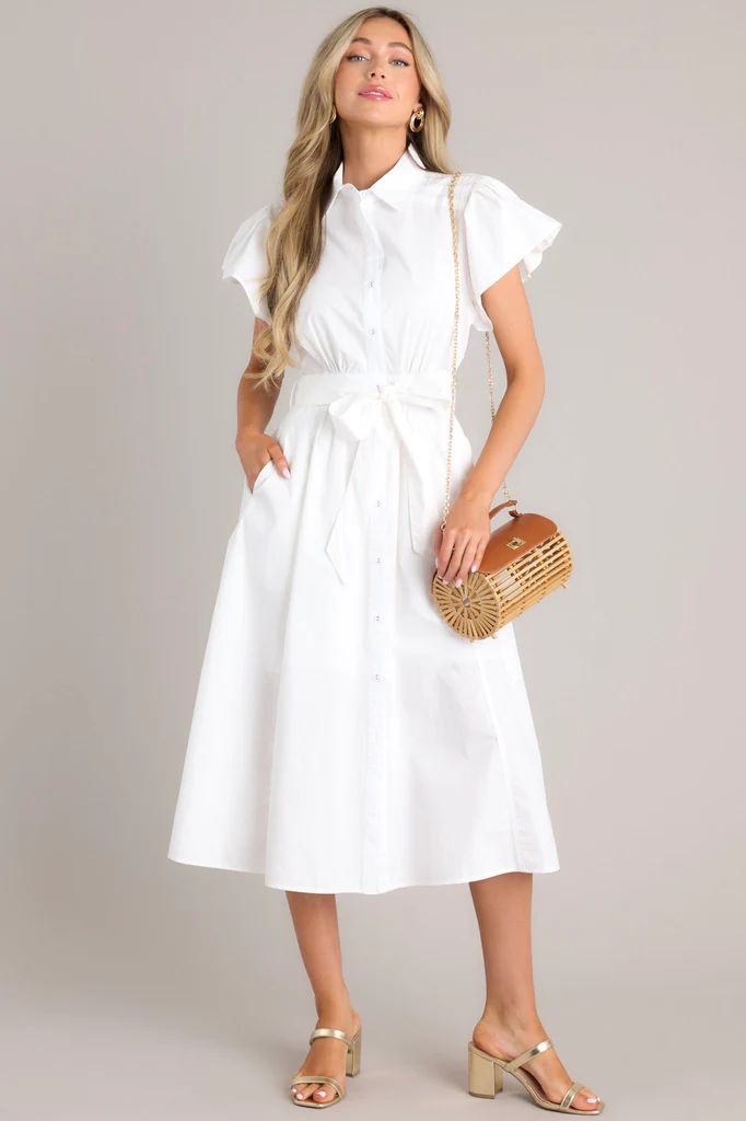 I Just Know White Cotton Button Front Midi Dress | Red Dress