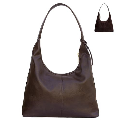 XKE-X Dark Brown Soft PU Leather and Suede Hobo Bag Shoulder Bag with Gold Zipper and 2 Interior Pockets- Chocolate Brown Tote Bag for Women | Amazon (US)