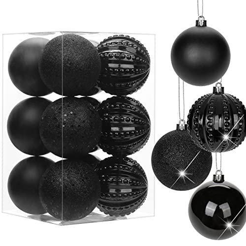 3.15" Black Christmas Balls Ornaments 12 Pcs Shatterproof Christmas Ornaments Set Halloween Balls Ornaments Large Black Ornament for Xmas Tree Holiday Party | Amazon (US)