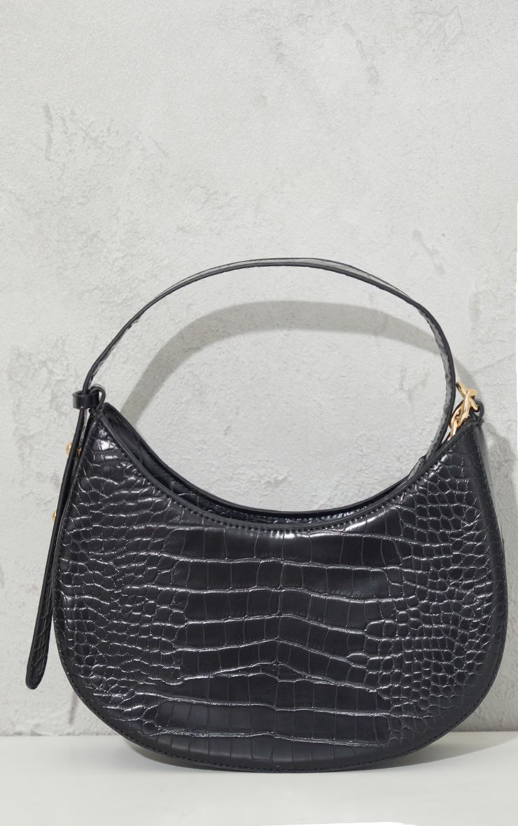Black Croc Crescent Mixed Chain Strap Shoulder Bag | PrettyLittleThing US