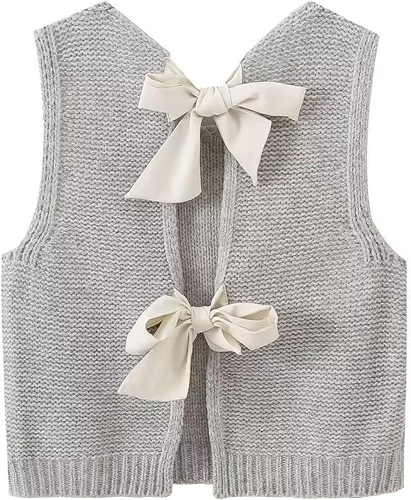 COZYPOIN Womens Sweater Vest Cute Bow Tie Back Sleeveless Open Back Crop Top Y2K Casual Knit Card... | Amazon (US)