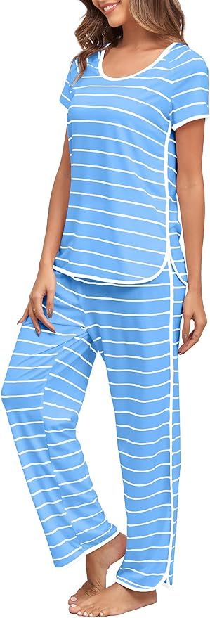Stripe Pajamas Set Women Two-Piece Nightwear Short Sleeve Sleepwear Soft Side Split Loungewear Pj... | Amazon (US)