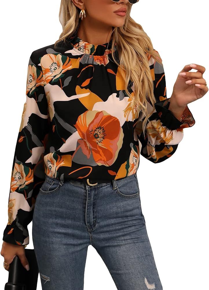 Milumia Women's Boho Floral Print Frill Mock Neck Long Sleeve Keyhole Blouse Work Tops | Amazon (US)