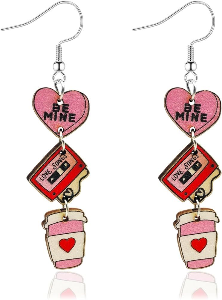Valentines Day Dangle Earrings for Women Girls Pink Red LOVE Heart Balloon Milk Tea Dangling Drop... | Amazon (US)